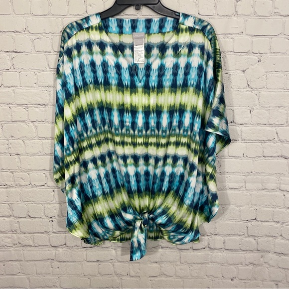 Chicos Womens Tunic 2 US 12/14 Abstract Print Tie Front Short Sleeve Lightweight - Picture 1 of 5